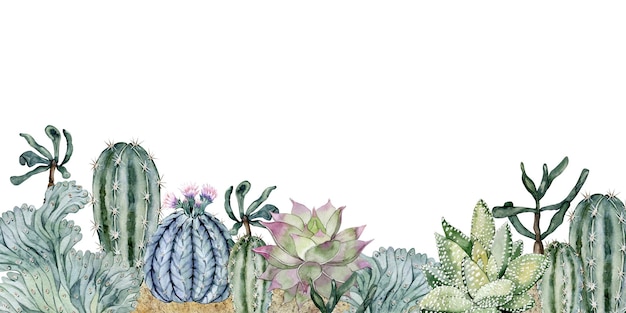 Komposition im Sand Kakteen und Sukkulenten Florarium Heimpflanzen Aquarellillustration