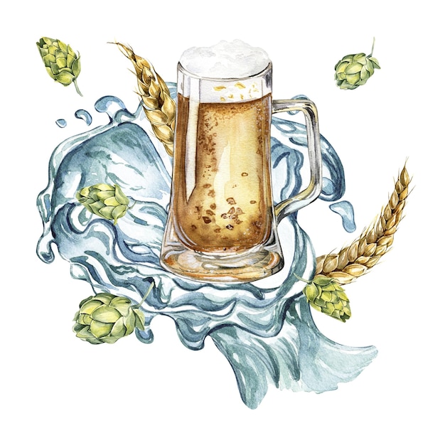 Komposition mit Bierhopfenkegeln, Weizenähren und Wasserspritzer-Aquarellillustration isoliert auf Weiß
