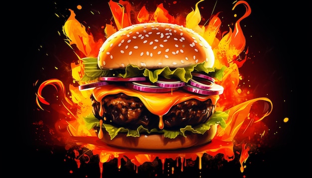 Komposition mit brennender Flamme Cheeseburger und Hamburger Illustration