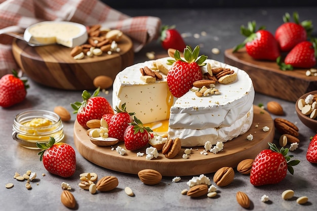 Komposition mit Camembert, Käse, Nüssen, Erdbeeren und Honig