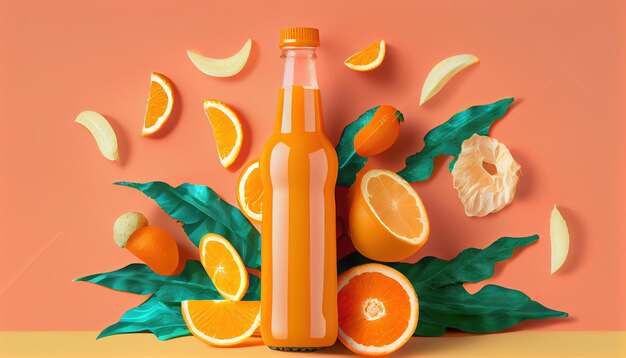 Komposition mit einer Flasche frischer Limonade auf orangefarbenem Hintergrund