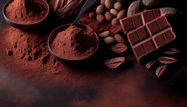 Komposition mit Kakaopulver und Schokolade auf dunklem Hintergrund