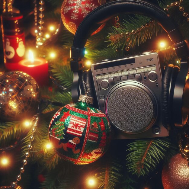 Foto komposition mit modernen kopfhörern, weihnachtsgeschenkkkugeln und tannenzweigen auf blauem hintergrund