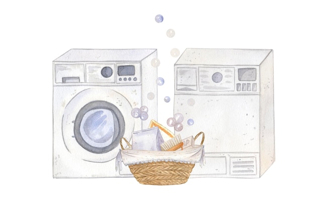 Komposition mit Waschmaschine und Trockner Weidenkorb Puder Seifenbürste Seifenblasen Aquarell