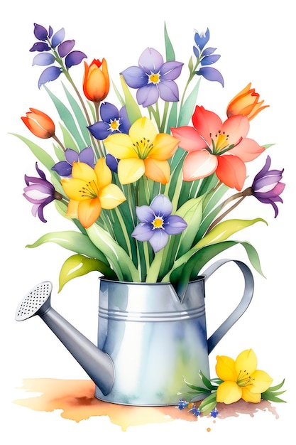 Komposition mit Wasserkanne und Frühlingsblumen auf weißem Hintergrund