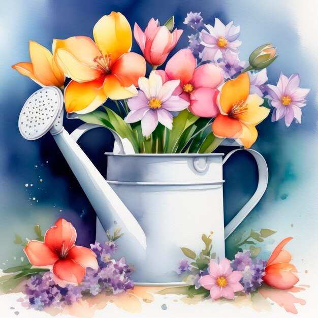 Komposition mit Wasserkanne und Frühlingsblumen auf weißem Hintergrund