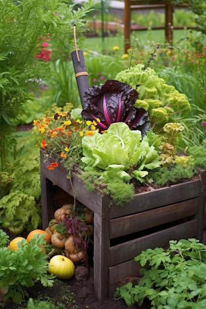Kompostbehälter in einem Garten mit Obst und Gemüse, erstellt mit generativer KI