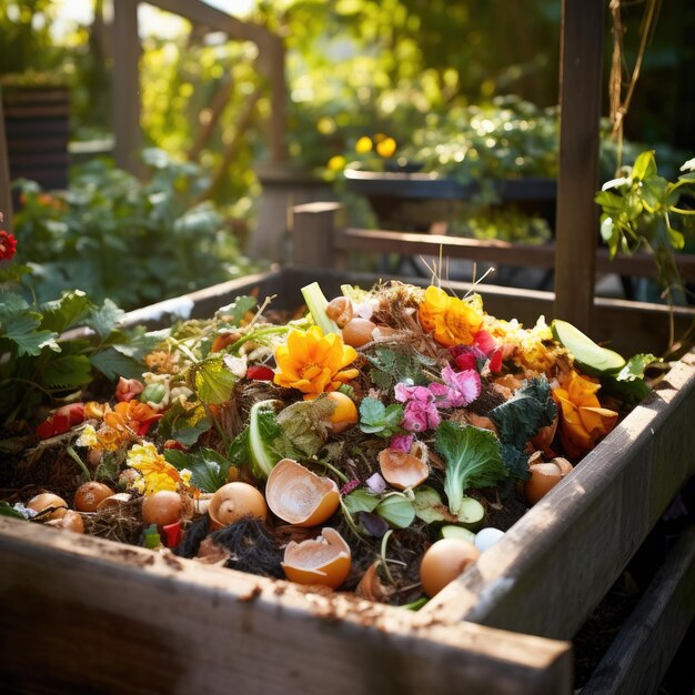 Kompostieren von Küchenabfällen in einem Kompostbehälter im Hinterhof