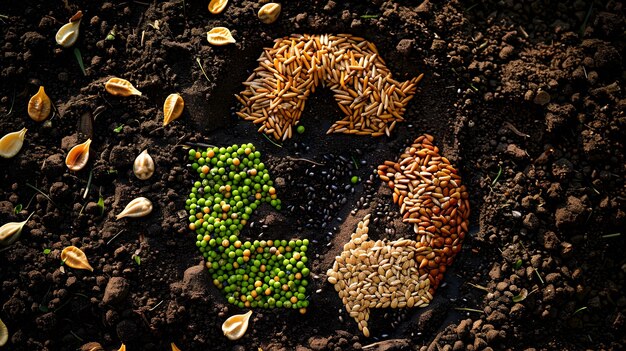 Kompostkonzept illustriert durch Recycle-Logo aus Getreide und Samen auf fruchtbarem Boden