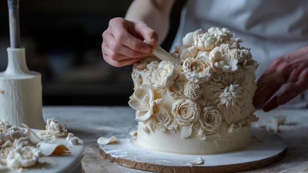 Konditor, der einen mehrschichtigen Blumenkuchen schmückt