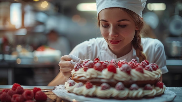 Foto konditor, der erdbeerkuchen macht