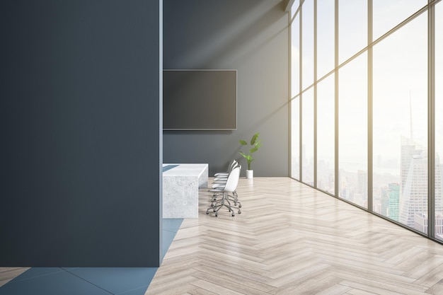 Konferenzraum mit Tageslicht aus Beton und Holz mit leerem schwarzem Mock-up-Banner helles Panoramafenster mit Stadtblick und Möbeln Arbeitsplatz- und Boarding-Konzept 3D-Rendering