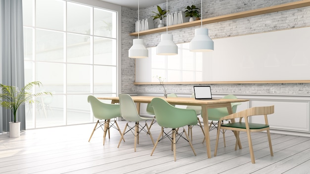 Konferenzzimmer, weißer Raum mit grünem Stuhl und hölzerner Tabelle