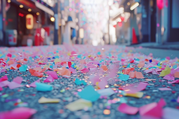 Foto konfetti, das auf einer belebten stadtstraße fällt, perfekt für besondere anlässe in städtischen umgebungen