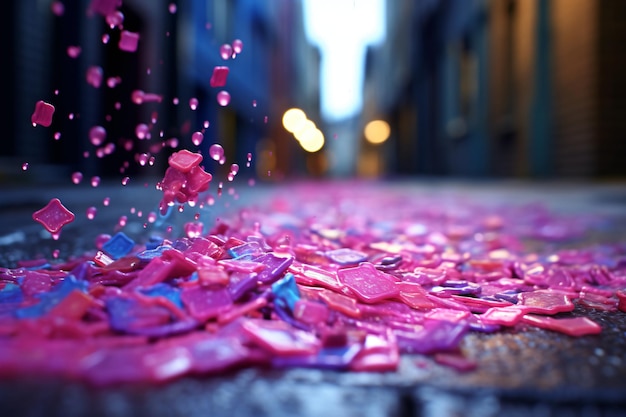 Konfetti fliegt in der Straße in der Nähe einer Stadt im Stil eines gesättigten Farbschemas