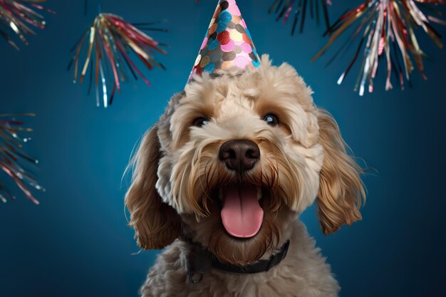 Foto konfetti-pfoten: labradoodle auf blau.