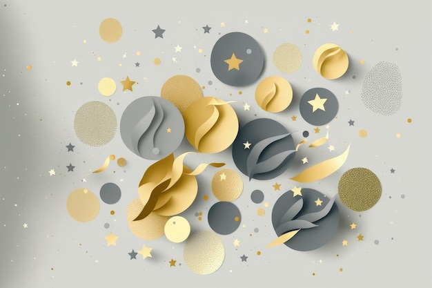 Konfetti und Lametta in Gold isoliert auf grauem Hintergrund