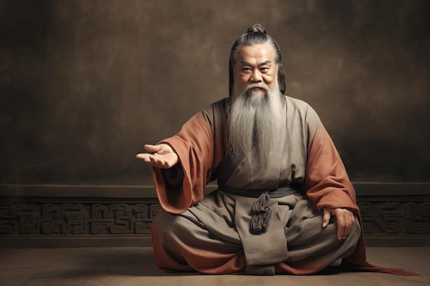 Konfuzius, der berühmte Philosoph in traditioneller Kleidung Illustrationsfoto