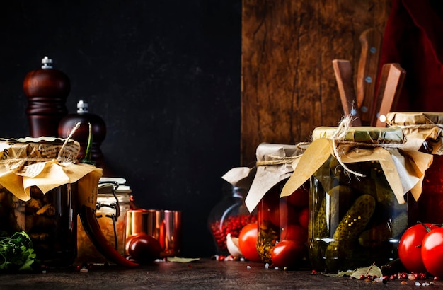 Konservenkonzept Fermentierte eingelegte marinierte konservierte vegetarische Kost Bio-Gemüse und Obst in Gläsern mit Gewürzen und Kräutern auf schwarzem Küchentisch Hausgemachte List