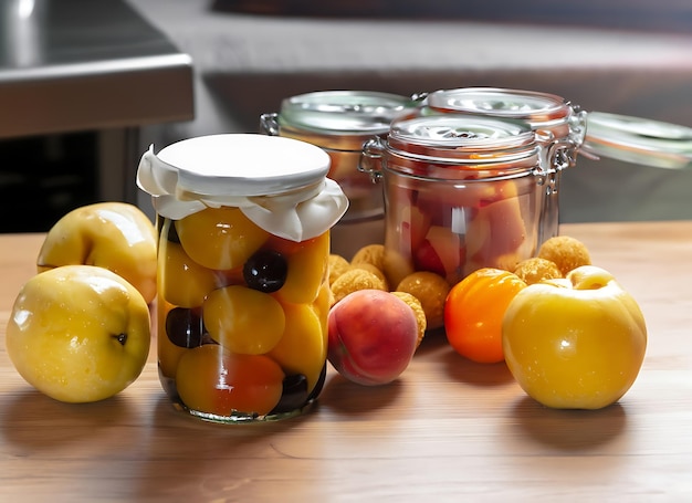 Konservierte Früchte auf dem Küchentisch Lebensmittelfotografie