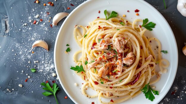 Konservierte Thunfisch-Spaghetti mit getrocknetem Chili und Knoblauch auf weißem TellerFusion-LebensmittelTop-View