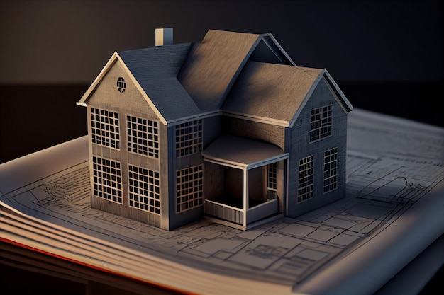 Konstruktionsentwürfe Konzept Wohnprojektzeichnungen und architektonisches Hausmodell auf einem Bürotisch AI generiert
