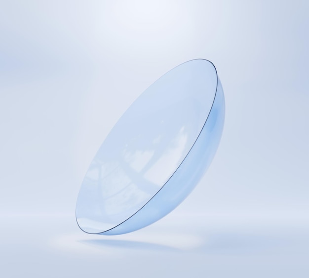 Kontaktlinse für optische Sehkorrektur isoliert auf blauem Hintergrund Medizinische Ophthalmologie-Ausrüstung für die Augenpflege persönliches Zubehörmodell für Verpackungsdesign Realistische 3D-Renderdarstellung