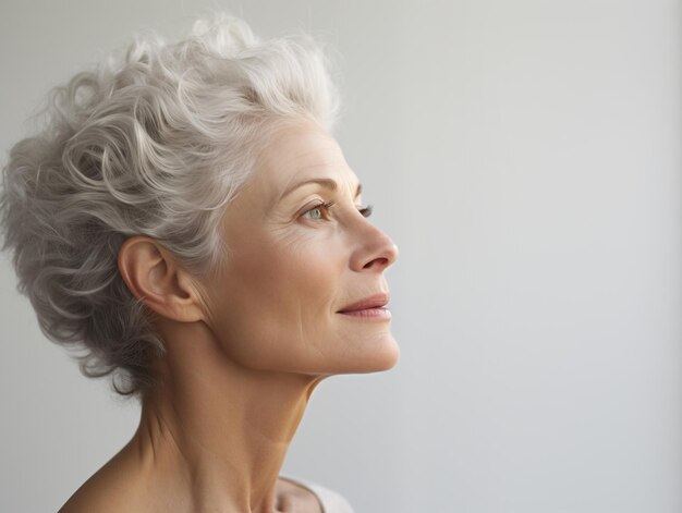 Kontemplative Frau mit grauen Haaren im Profil auf grauem Hintergrund