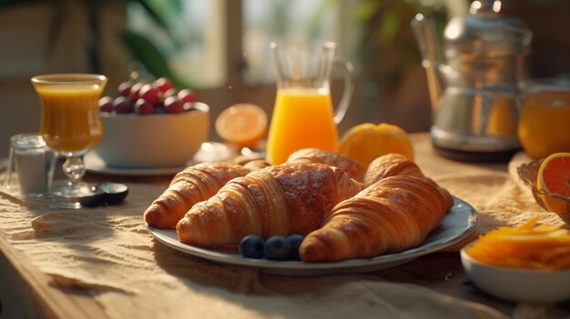 Kontinentaler Frühstückstisch mit Kaffee-Orangensaft-Croissants Generative AI