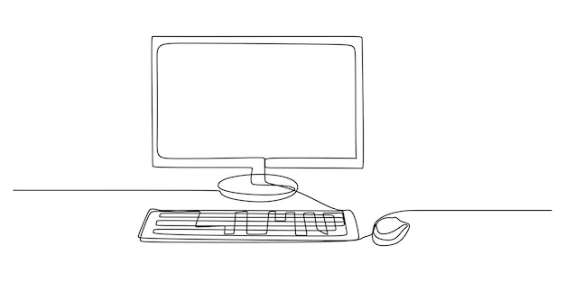 Kontinuierliche einzelne Zeile des Computers und seines Zubehörs wie PC-Monitor und Tastatur isoliert auf weißem Hintergrund