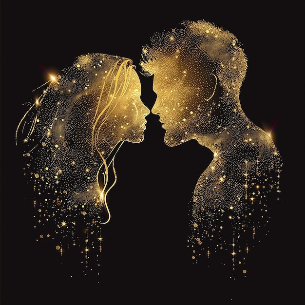 Kontinuierliche Linie Frau und Mann zeigen Liebe Valentin Vektor Illustration schwarz und gold