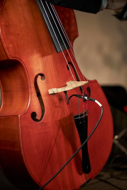 Kontrabass-Nahaufnahme Kontrabass-Details Musiker spielt Kontrabass auf der Bühne Nahaufnahme