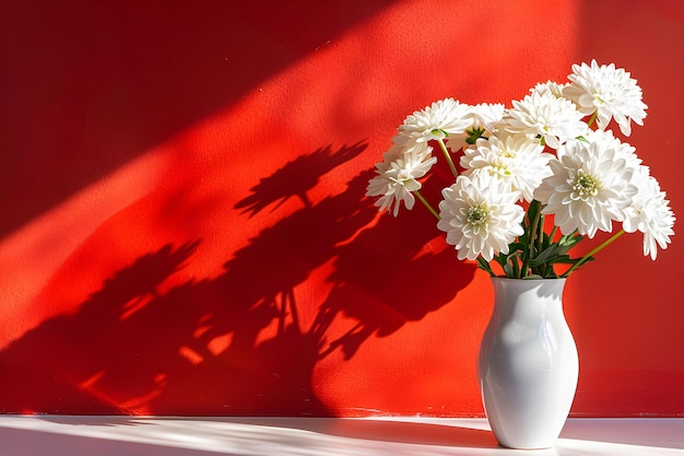 Kontrastfarben Eine Ausstellung weißer Blumen auf einem Tisch mit einer roten Wand und Schattenkonzept Ätherische Landschaften, die die Schönheit der Berge, Seen und Wälder im Licht der goldenen Stunde erfassen