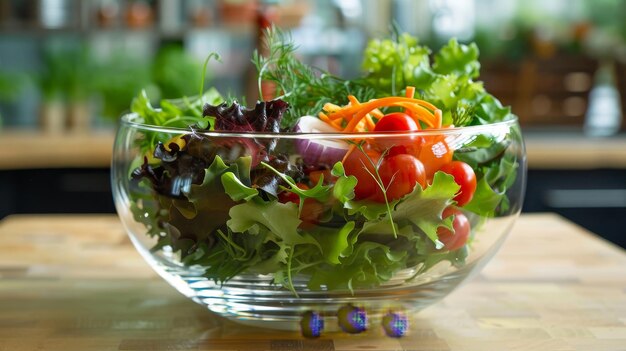 Kontrastieren Sie die Knusprigkeit eines schwimmenden Salats mit einem warmen, einladenden, von KI erzeugten Glanz.
