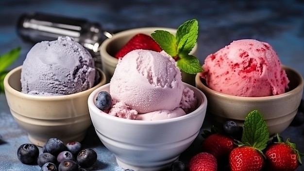 Kontrastierung des Eisgeschmacks mit unbenutztem Blaubeer-Erdbeer-Kiwi-Zitronen-Vanille-Setup auf gemeinsamer Einrichtung. Kreative Ressource AI generiert