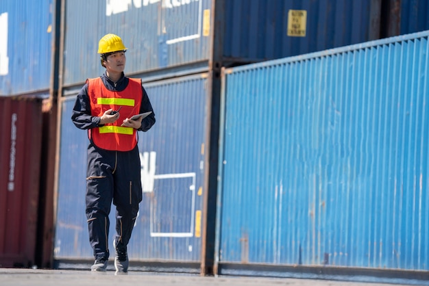 Kontrolle der Logistikingenieure im Hafen, Laden von Containern für LKW-Export und Import von Logistik