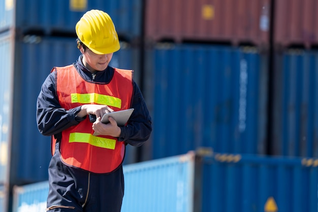 Kontrolle der Logistikingenieure im Hafen, Laden von Containern für LKW-Export und Import von Logistik