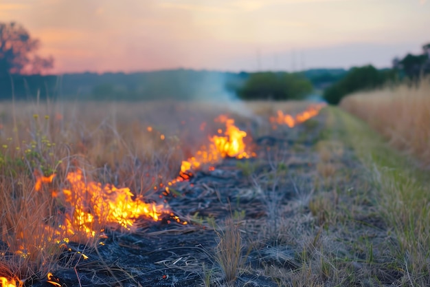 Foto kontrollierte verbrennung von grasland in der dämmerung, um waldbrände zu verhindern