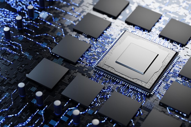 Konventionelle Technologien Neuer Mikroprozessor Speicherchips und zentraler Prozessor auf einer elektronischen Platte Abstract Mikroelektronik-Technologie-Konzept Abstract Mikrochip 3D-Rendering