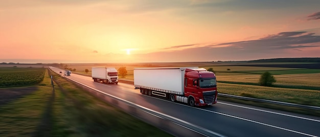 Konvoi von Lastwagen auf dem Highway Sunset