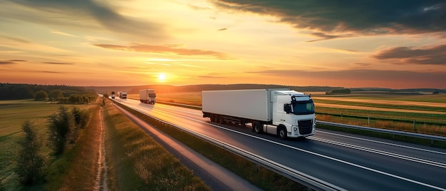 Konvoi von Lastwagen auf dem Highway Sunset