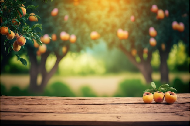 Konzentrieren Sie Pfirsichfrucht auf dem Holztisch mit verschwommenem Pfirsichbaumhintergrund