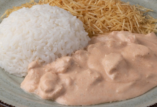 Konzentrieren Sie sich auf Chicken Stroganoff (Estrogonofe de Frango) mit Reis und Pommes Frites auf der grünen Platte