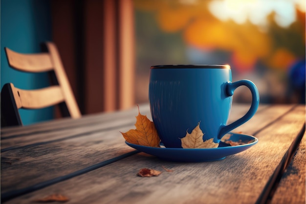 Konzentrieren Sie sich auf die blaue Farbe der Kaffeetasse auf einem Holztisch mit verschwommenem Herbsthintergrund. Konzept der Leerstelle für Werbeprodukte. Feinste generative KI