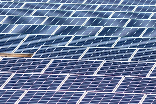 Konzentrieren Sie sich auf die Vorderseite eines angeordneten Photovoltaik-Solarmoduls. Erneuerbare Energie