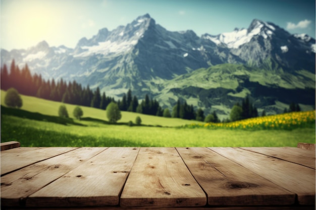 Konzentrieren Sie sich auf einen leeren Holztisch mit verschwommenem natürlichen Baumwiesenhintergrund