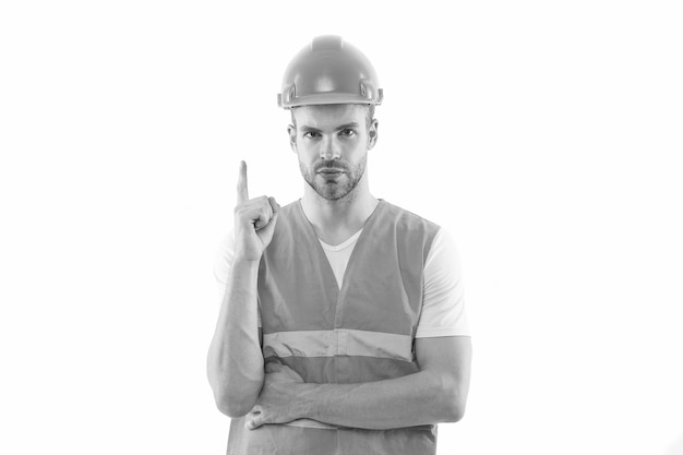 Konzentriert sich auf das Ergebnis Reparieren und renovieren Heimwerker Mann im Helm Arbeiter auf weißem Hintergrund Reparaturwerkstatt Reparaturservice Reparatur- und Renovierungskonzept Handyman home repair