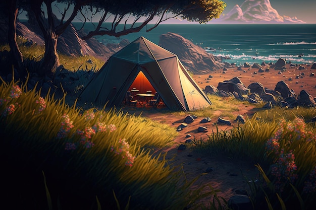 Konzentriert sich nur auf den Rasen oder das üppige Gras des Campingplatzes in der Nähe der Küste mit einem Zelt zum Zelten in der Ferne
