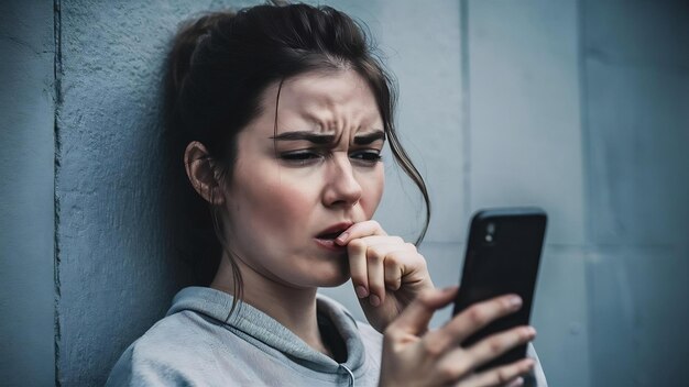 Konzentrierte junge Frau benutzt ihr Smartphone und berührt ihre Lippen, ist frustriert oder erhält schlechte Nachrichten