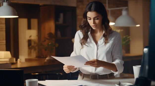 konzentrierte junge Geschäftsfrau, die Dokumente hält und auf Dokumente schreibt, während sie an einem Schreibtisch in einem modernen Büro sitzt